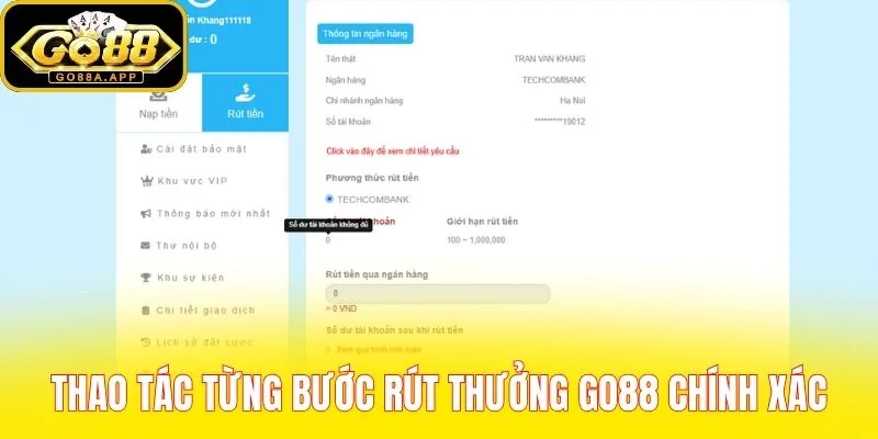 Thao tác từng bước rút thưởng Go88 chính xác